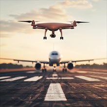 A drone hovers in front of an aeroplane on a runway at sunset, drone, attack, AI generated