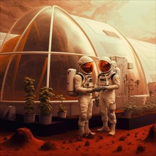 Hydroponic greenhouses installed on mars. Future vision of human colonization on other planets.