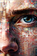 AI generated human portrait transitioning from lifelike human to a pixelated digital effect