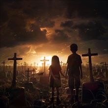 Silhouettes of two children standing hand in hand in a cemetery at sunset, war, war graves,
