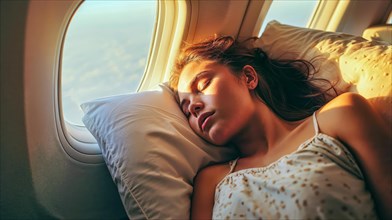 A woman finds sleep in the soft morning light at the window of an aeroplane, AI generated, AI