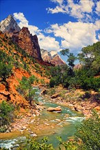 Riverbed and mountains, blue sky, picturesque landscape, Zion National Park, Utah, USA, North