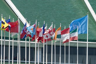 Many flags in front of the United Nations Conference Centre, Bangkok, Thailand, Asia