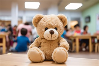 Teddy bear with blurry room with children iin children day care center, kindergarten or