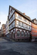 Old half-timbered houses in a town. Streets and buildings in the morning in Wetzlar, Hesse Germany