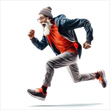 Energetic older man in fashionable sportswear runs with a joyful expression, run, start, advert,