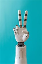 Artificial intelligence robot hand showing peace sign. KI generiert, generiert, AI generated
