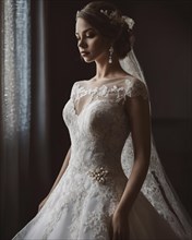 Wedding dress on a mannequin in a bridal salon. ai generative, AI generated