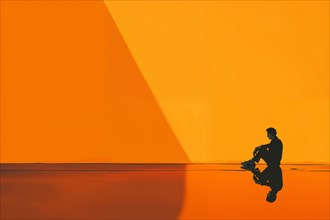 Silhouette of a person in the middle of a minimalist composition of orange-coloured surfaces,