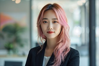 Young Asian woman with black business suit with pastel pink dyed hair. KI generiert, generiert, AI
