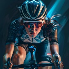 Cyclist at night with spotlight and dramatic rays, AI generated