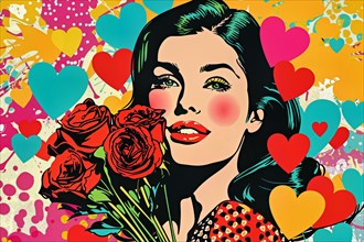 Stylised woman in pop art style with roses and hearts in vivid colours, AI generated, AI generated