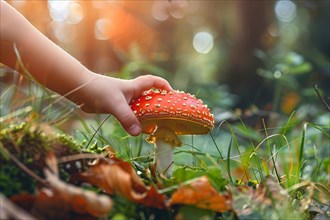 Child's hands picking up red toxic fly agaric Amanita Muscaria mushroom in forest. KI generiert,