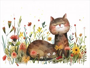A content cat surrounded by colorful watercolor flowers exudes serenity, ai generated, AI generated