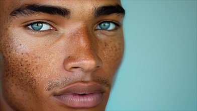 Close-up of a male with freckles and intense blue eyes, blurry teal turquoise solid background,