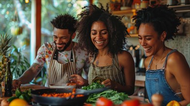 Group of friends with African descent laughing and cooking together in a colorful kitchen, AI