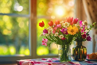 Mother's Day, Cheerful bouquet of tulips and other flowers in a glass vase on a table, KI