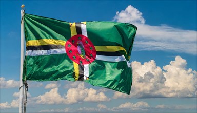 The flag of Dominica, Lesser Antilles, Caribbean, fluttering in the wind, isolated, against the