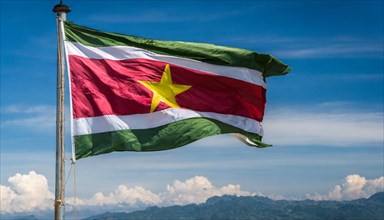 The flag of Suriname, fluttering in the wind, isolated, against the blue sky