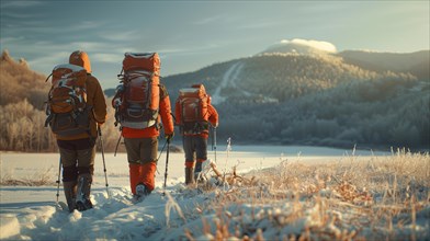 Hikers walking in the snow with the warm glow of sunrise illuminating the mountains, AI generated