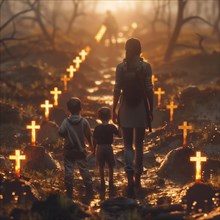 A family walks at sunrise through a foggy cemetery with glowing crosses, war, war graves, military