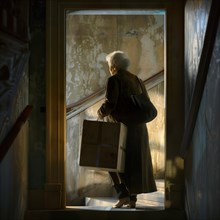 An elderly woman stands in the backlight at the exit of a building, apartment relocation,
