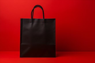 Black paper shopping bag on red background. KI generiert, generiert, AI generated