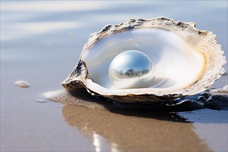 Oyster with pearl at beach. KI generiert, generiert, AI generated
