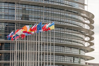 Flags of the European countries in front of the European Parliament in Strasbourg. Bas rhin,