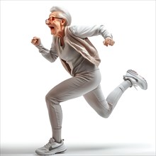 A smiling older woman runs full of energy and joy on a white background, run, start, advert,