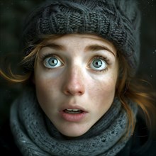 Portrait of a young woman with deep blue eyes, surprised expression and winter hat, run, start,