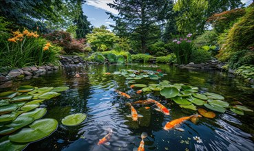 A garden pond adorned with koi fish swimming among water lilies and lush greenery AI generated