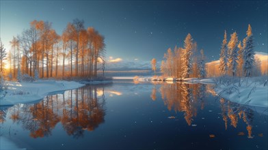 A serene winter landscape with snowy trees and a lake reflecting the warm glow of sunset, AI