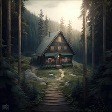 Serene scene of a cozy wooden cabin amidst a foggy, mystical forest, AI generated