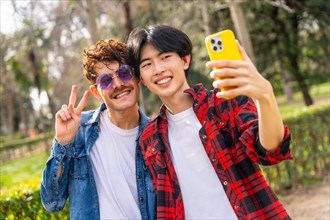 Young multiracial gay couple gesturing peace and talking selfie in a park