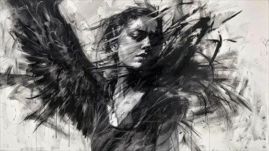 A dynamic composition of woman and raven, characterised by abstract black strokes, raven woman,