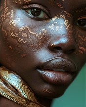 Close-up of african dark skinned beautifiul woman's facial features accentuated with golden,