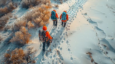 Hikers navigating through a snowy landscape with desert plants under a clear blue sky, AI generated