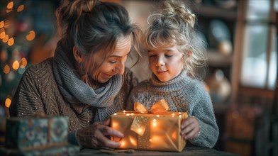 A grandmother and granddaughter share a warm smile over a lit Christmas gift box, AI generated