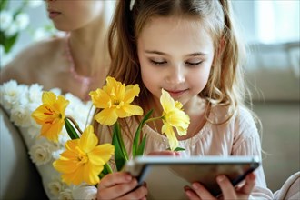 Mother's Day, A smiling child holds a bouquet of daffodils while looking at a tablet, the mother