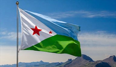 The flag of Djibouti, Djibouti flutters in the wind, isolated, against the blue sky