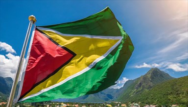 The flag of Guyana, fluttering in the wind, isolated, against the blue sky