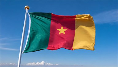 The flag of Cameroon, fluttering in the wind, isolated, against the blue sky