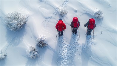 Aerial view of hikers in red trekking through a snowy landscape, AI generated