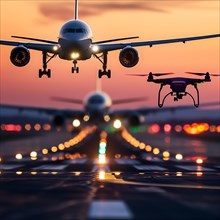 Aircraft approaching behind a drone on a brightly lit runway, drone, attack, AI generated