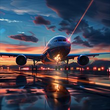 A plane at sunset on an illuminated runway with dramatic sky and shiny reflection on the ground,