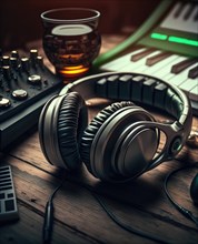 Professional headphones in the recording studio. Music and sound concept. Generative AI image, AI
