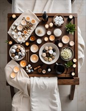 Peaceful aerial view of a spa environment showcasing a selection of wellness products arranged on a