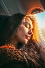 A woman leans relaxed against the aeroplane window, light caresses her face, AI generated, AI