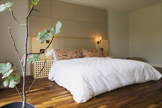 King size bed covered with white bedspread in bedroom with American walnut hardwood flooring on